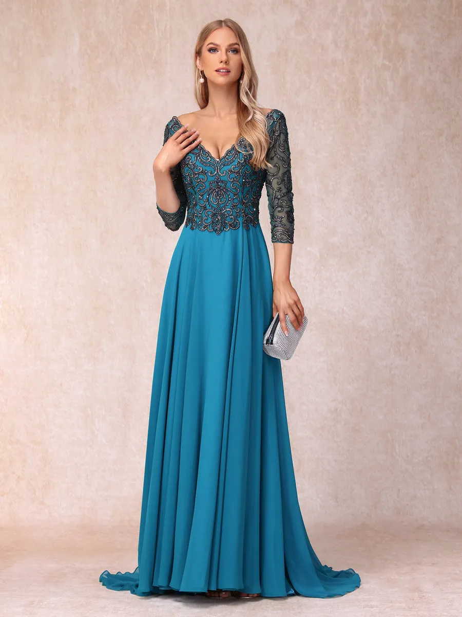 A-Line/Princess V-Neck 3/4 Sleeves Long Formal Evening Dresses with Sequins sold by Lavetir product image thumbnail 4