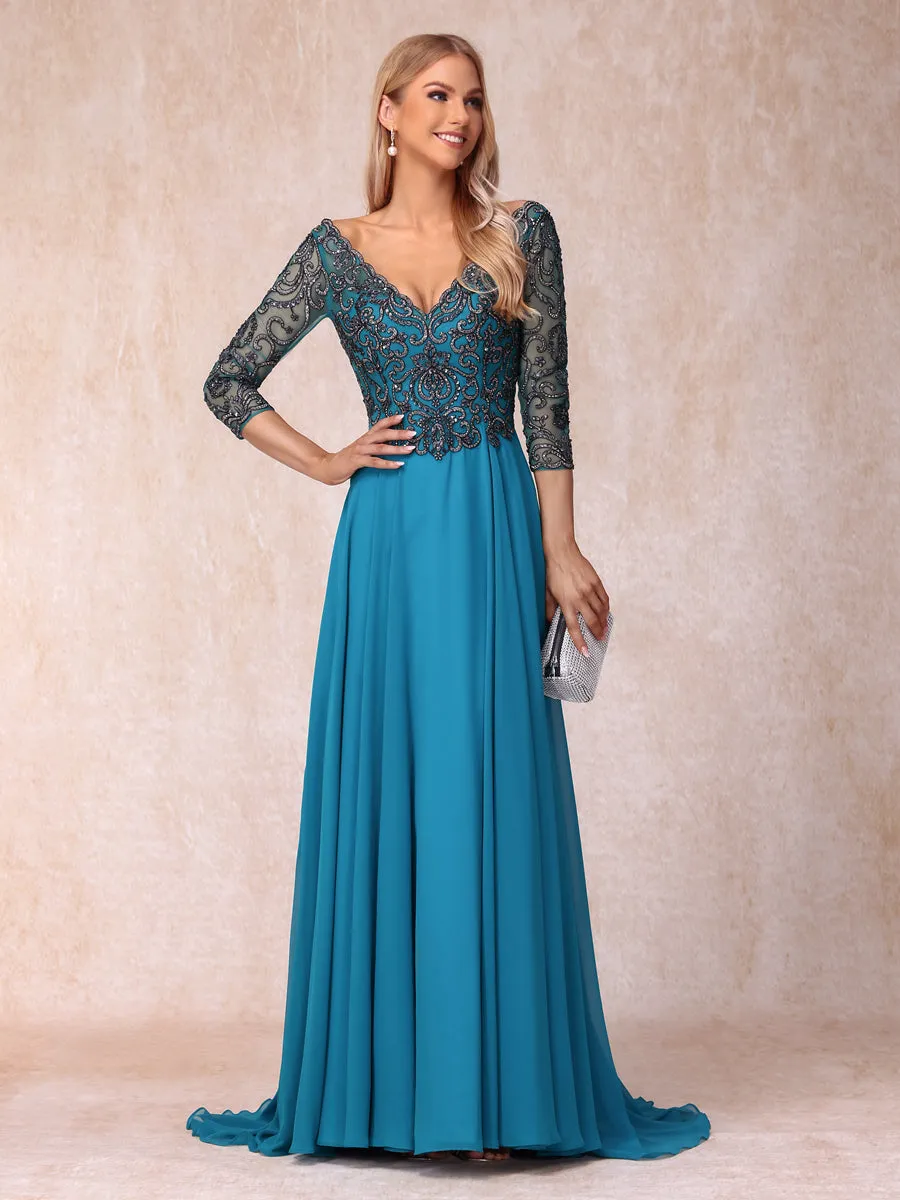 A-Line/Princess V-Neck 3/4 Sleeves Long Formal Evening Dresses with Sequins sold by Lavetir