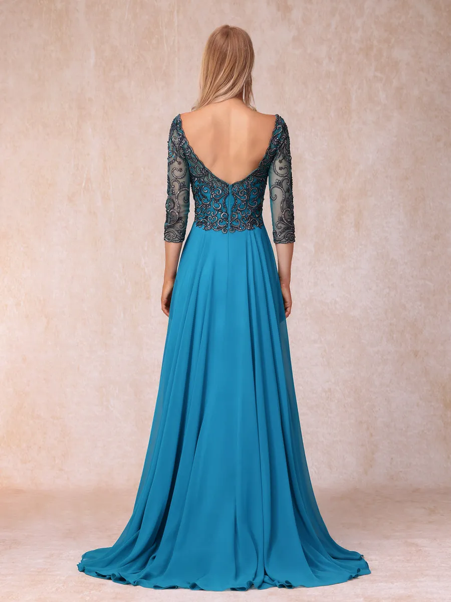 A-Line/Princess V-Neck 3/4 Sleeves Long Formal Evening Dresses with Sequins sold by Lavetir product image thumbnail 2