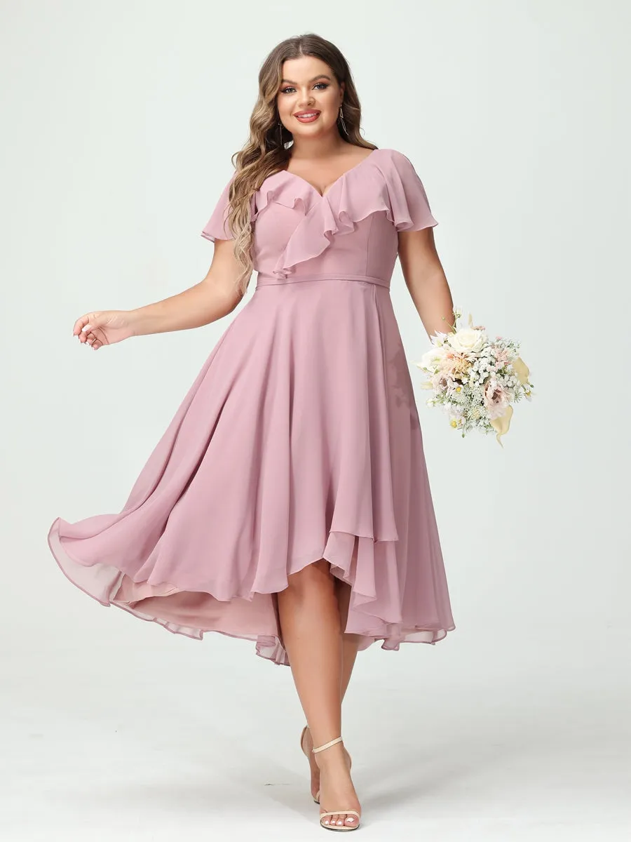 A-Line/Princess V-Neck Short Sleeves Chiffon Ruffles High-Low Plus Size Bridesmaid Dresses with Pockets sold by Lavetir product image thumbnail 3