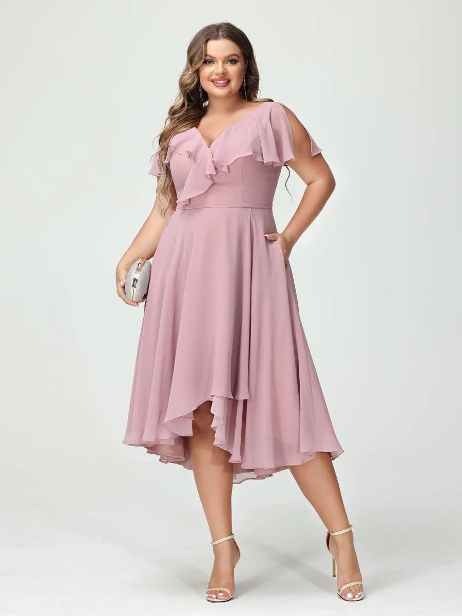 A-Line/Princess V-Neck Short Sleeves Chiffon Ruffles High-Low Plus Size Bridesmaid Dresses with Pockets sold by Lavetir
