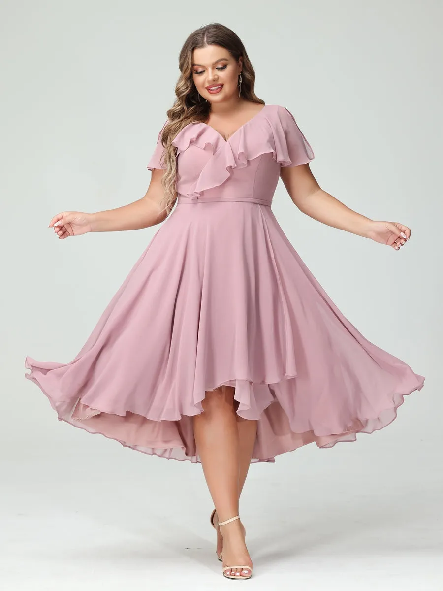 A-Line/Princess V-Neck Short Sleeves Chiffon Ruffles High-Low Plus Size Bridesmaid Dresses with Pockets sold by Lavetir product image thumbnail 5