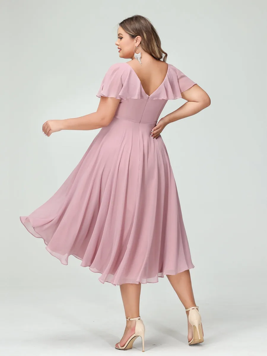 A-Line/Princess V-Neck Short Sleeves Chiffon Ruffles High-Low Plus Size Bridesmaid Dresses with Pockets sold by Lavetir product image thumbnail 2