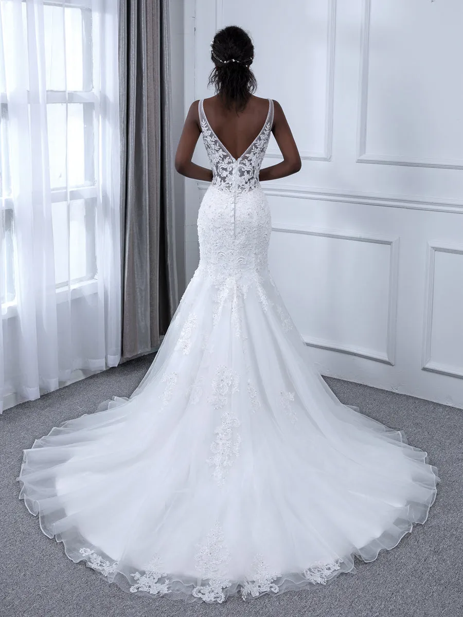 V-Neck Sleeveless Tulle Mermaid Wedding Dresses with Beading Appliques & Sequins sold by Lavetir product image thumbnail 5