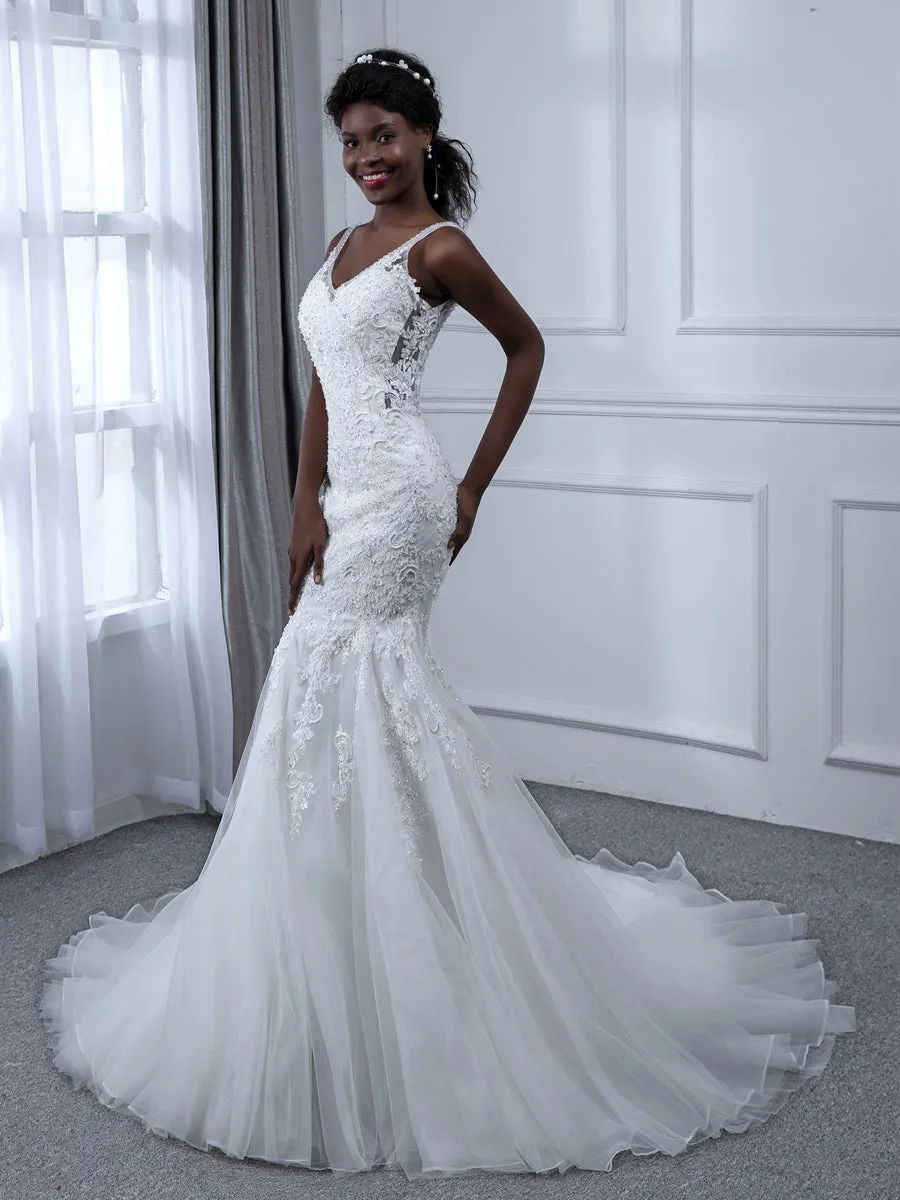 V-Neck Sleeveless Tulle Mermaid Wedding Dresses with Beading Appliques & Sequins sold by Lavetir product image thumbnail 3