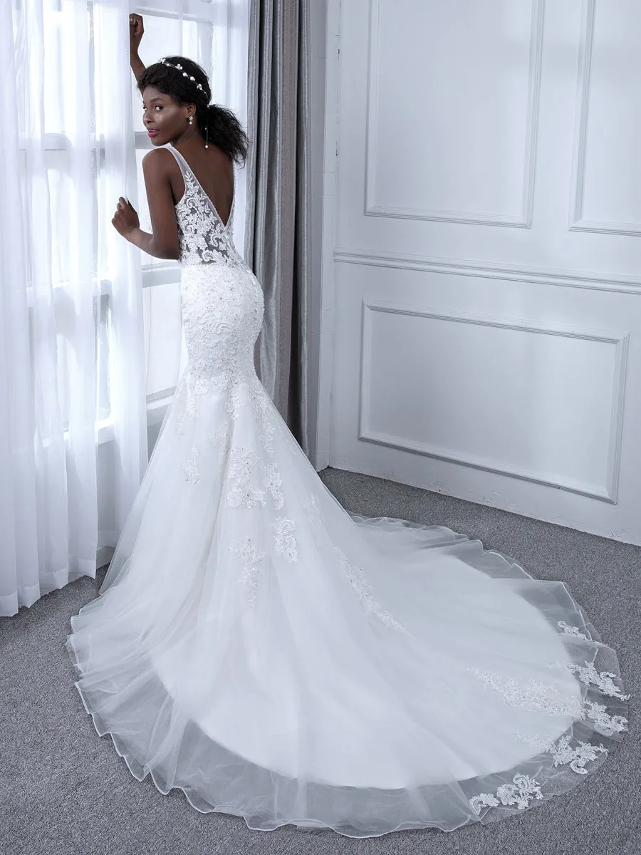 V-Neck Sleeveless Tulle Mermaid Wedding Dresses with Beading Appliques & Sequins sold by Lavetir product image thumbnail 4