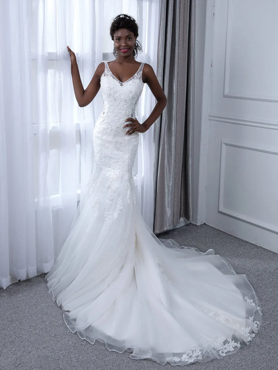 V-Neck Sleeveless Tulle Mermaid Wedding Dresses with Beading Appliques & Sequins sold by Lavetir