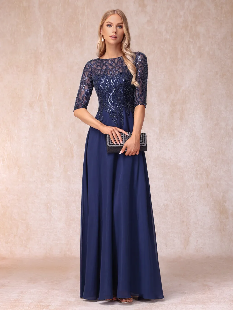 A-Line/Princess Sheer Neck Half Sleeves Long Formal Evening Dresses with Beading & Sequins sold by Lavetir product image thumbnail 3