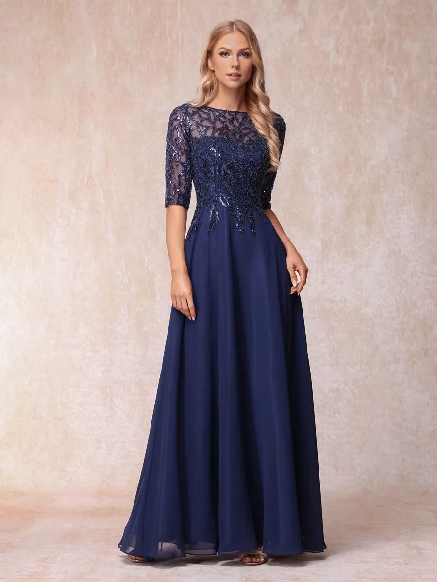 A-Line/Princess Sheer Neck Half Sleeves Long Formal Evening Dresses with Beading & Sequins sold by Lavetir product image thumbnail 4