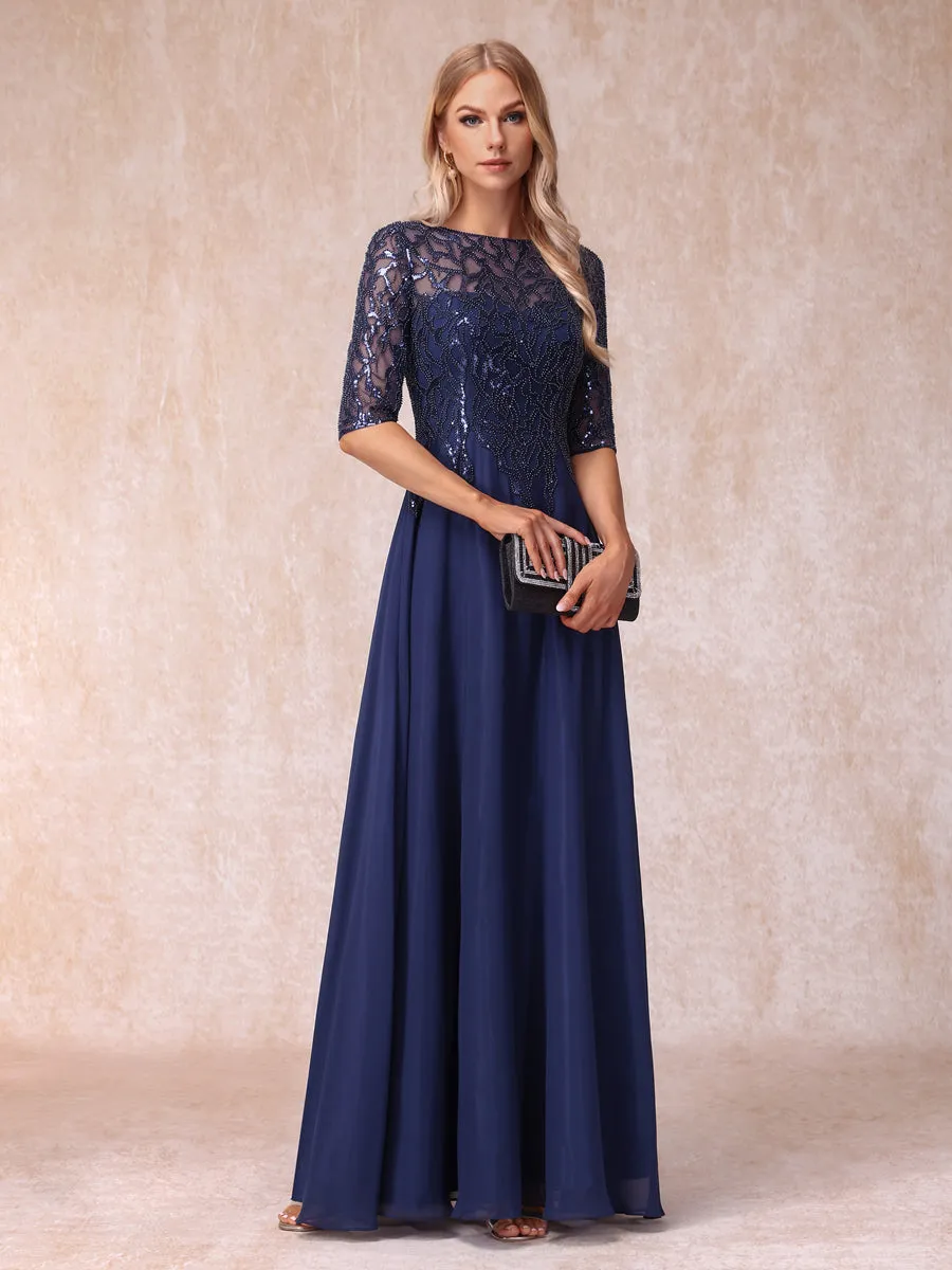 A-Line/Princess Sheer Neck Half Sleeves Long Formal Evening Dresses with Beading & Sequins sold by Lavetir