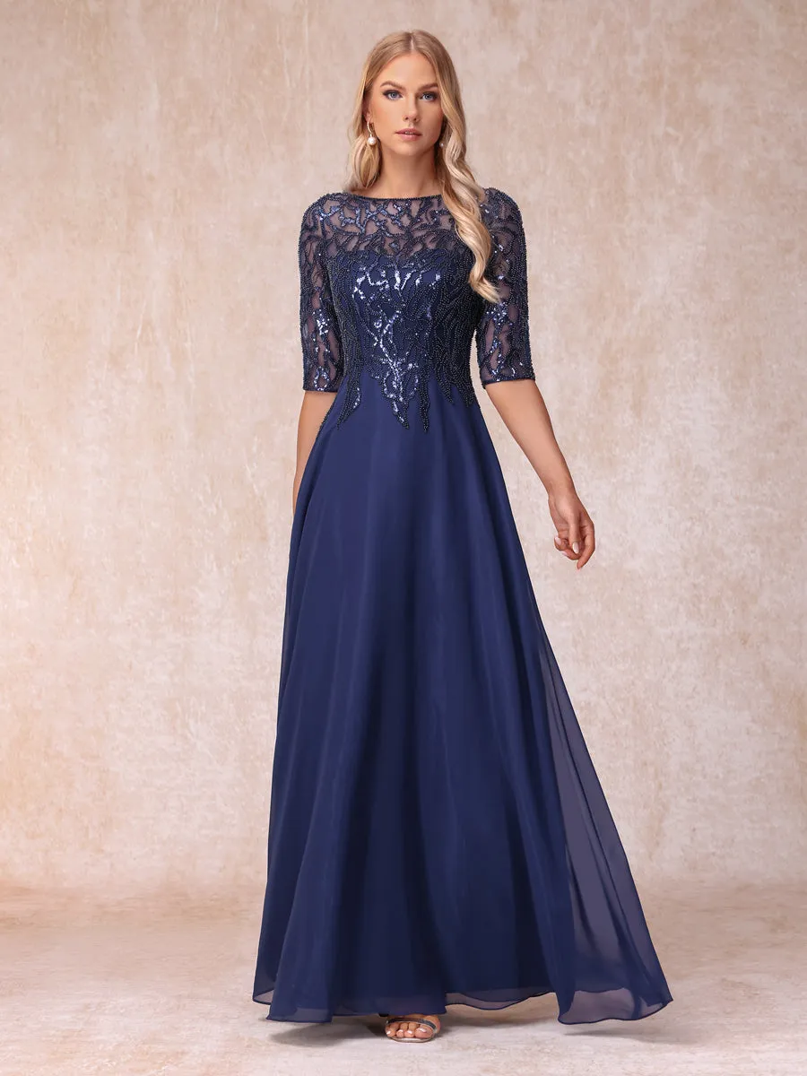 A-Line/Princess Sheer Neck Half Sleeves Long Formal Evening Dresses with Beading & Sequins sold by Lavetir product image thumbnail 5