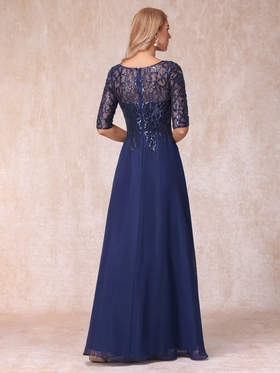 A-Line/Princess Sheer Neck Half Sleeves Long Formal Evening Dresses with Beading & Sequins sold by Lavetir product image thumbnail 2