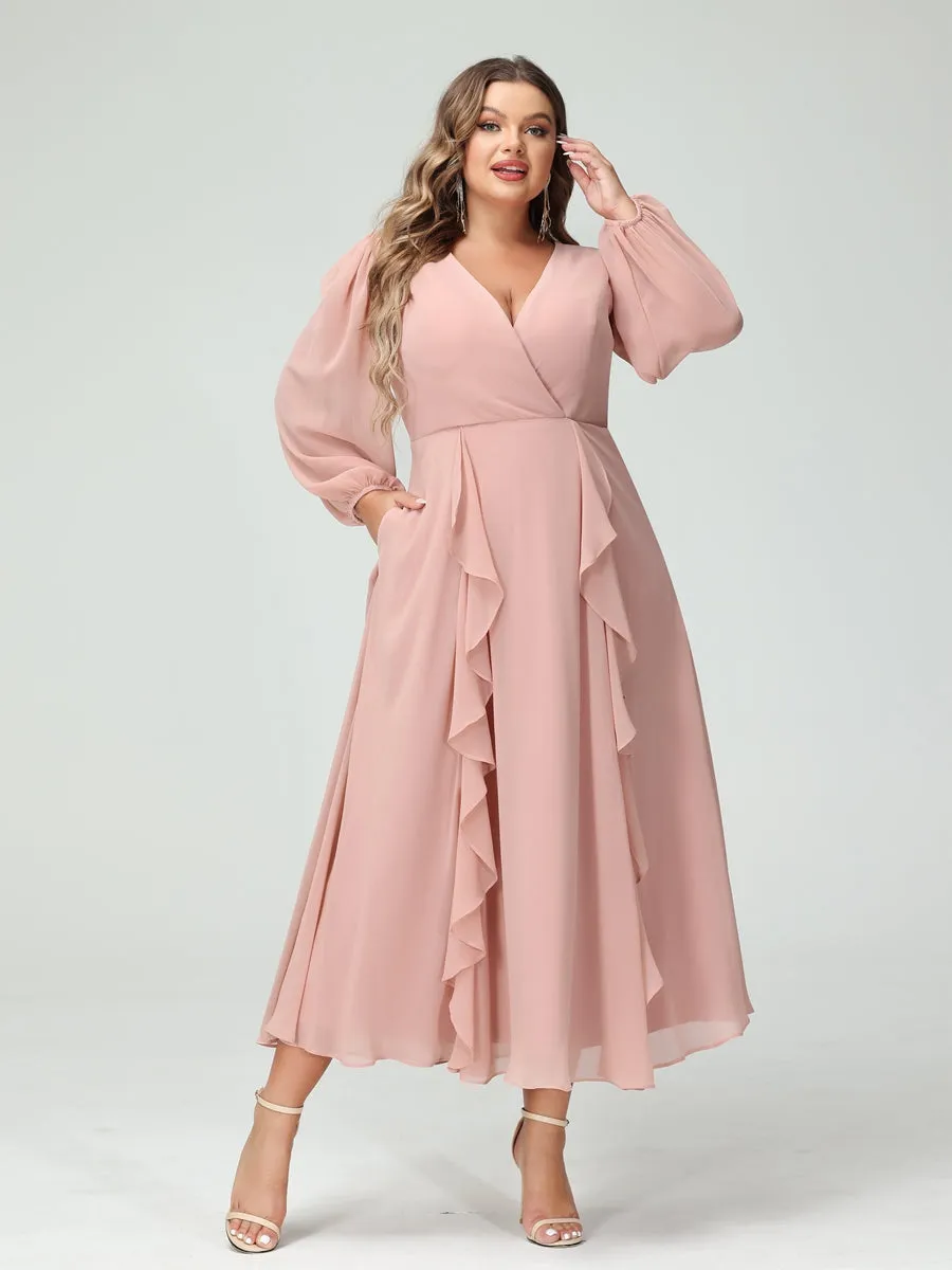 A-Line/Princess V-Neck Long Sleeves Chiffon Tea-Length Ruffles Plus Size Bridesmaid Dresses with Pockets sold by Lavetir product image thumbnail 4