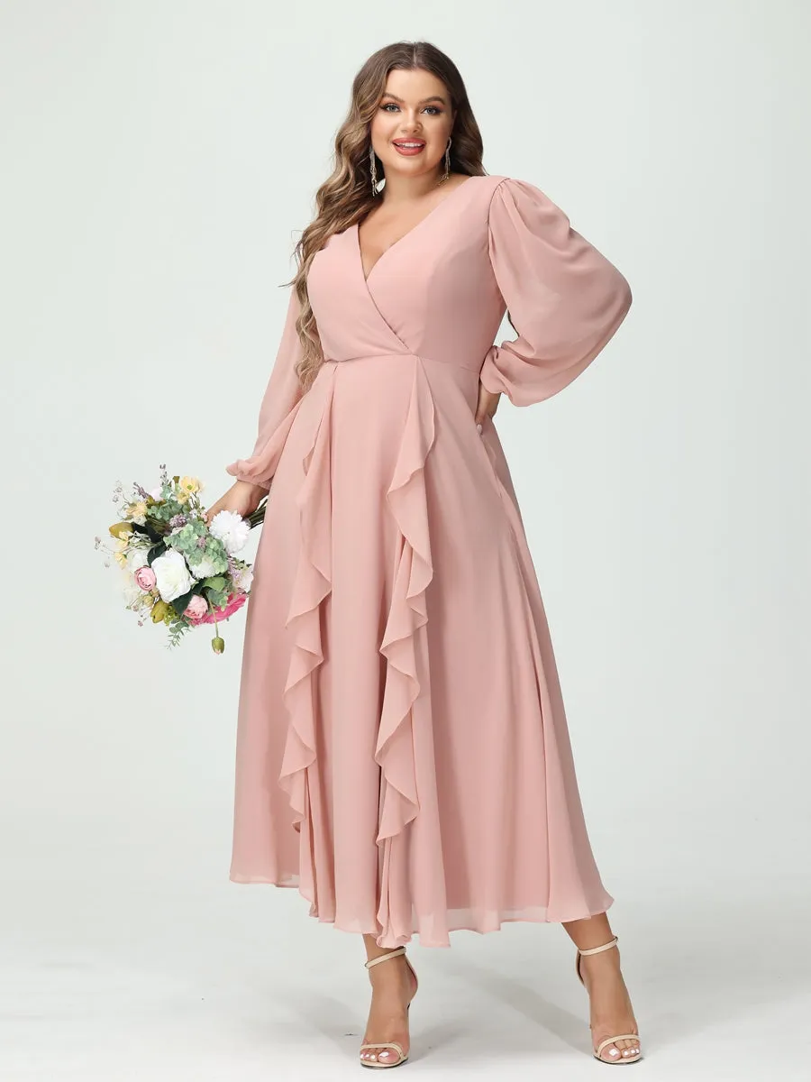 A-Line/Princess V-Neck Long Sleeves Chiffon Tea-Length Ruffles Plus Size Bridesmaid Dresses with Pockets sold by Lavetir