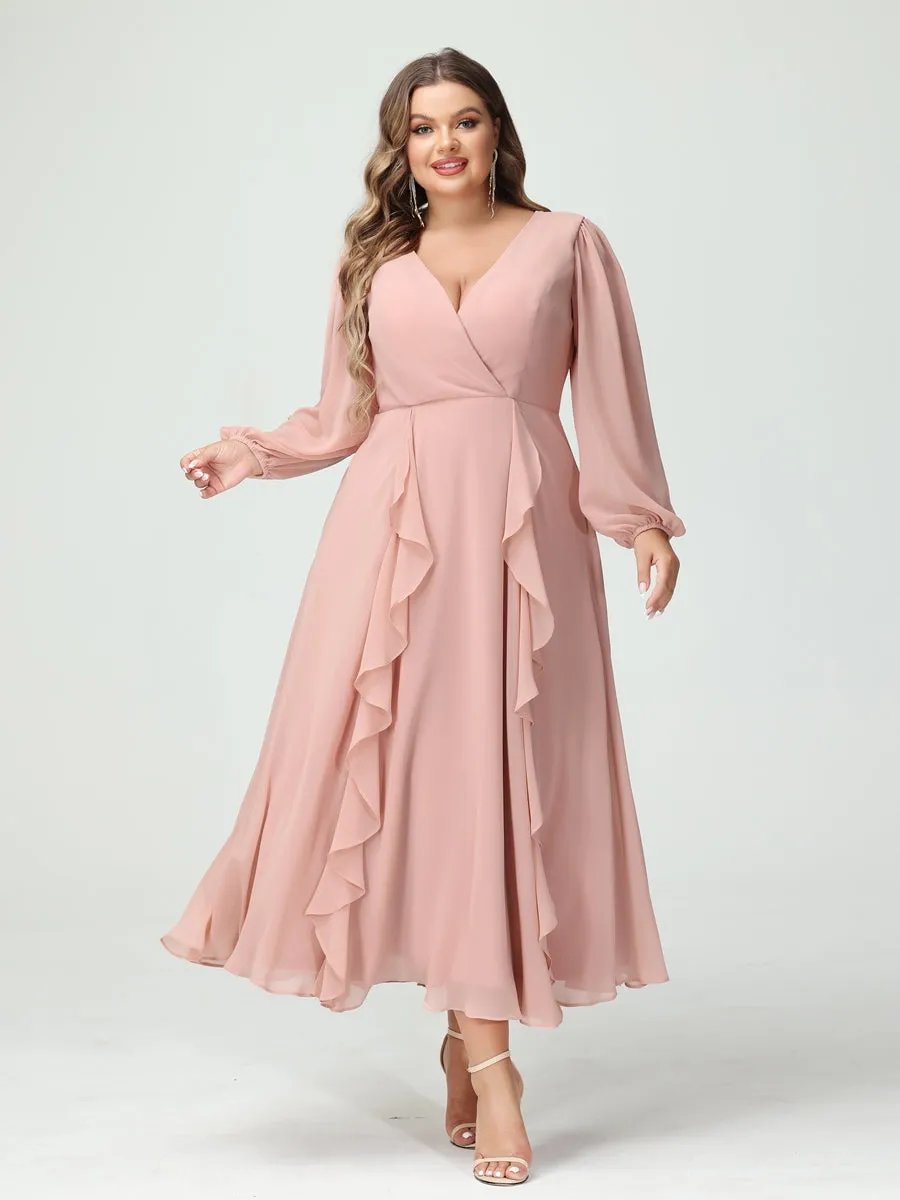 A-Line/Princess V-Neck Long Sleeves Chiffon Tea-Length Ruffles Plus Size Bridesmaid Dresses with Pockets sold by Lavetir product image thumbnail 5