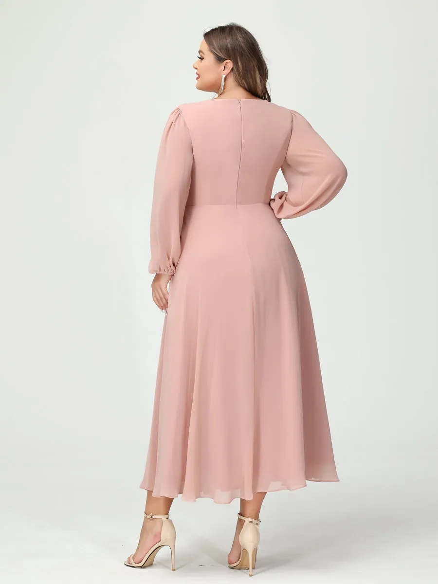 A-Line/Princess V-Neck Long Sleeves Chiffon Tea-Length Ruffles Plus Size Bridesmaid Dresses with Pockets sold by Lavetir product image thumbnail 2
