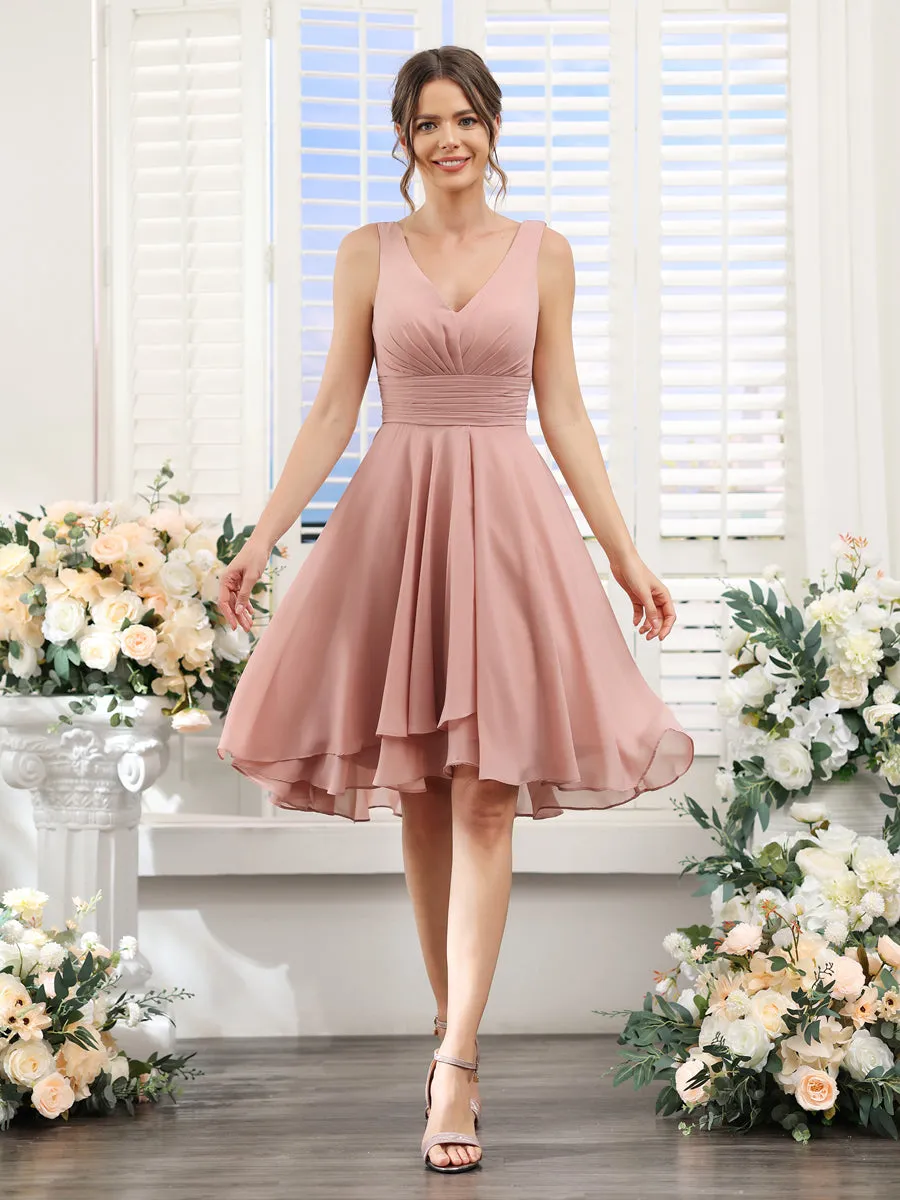 A-Line V-Neck Ruched Sleeveless Short Chiffon Bridesmaid Dresses sold by Lavetir