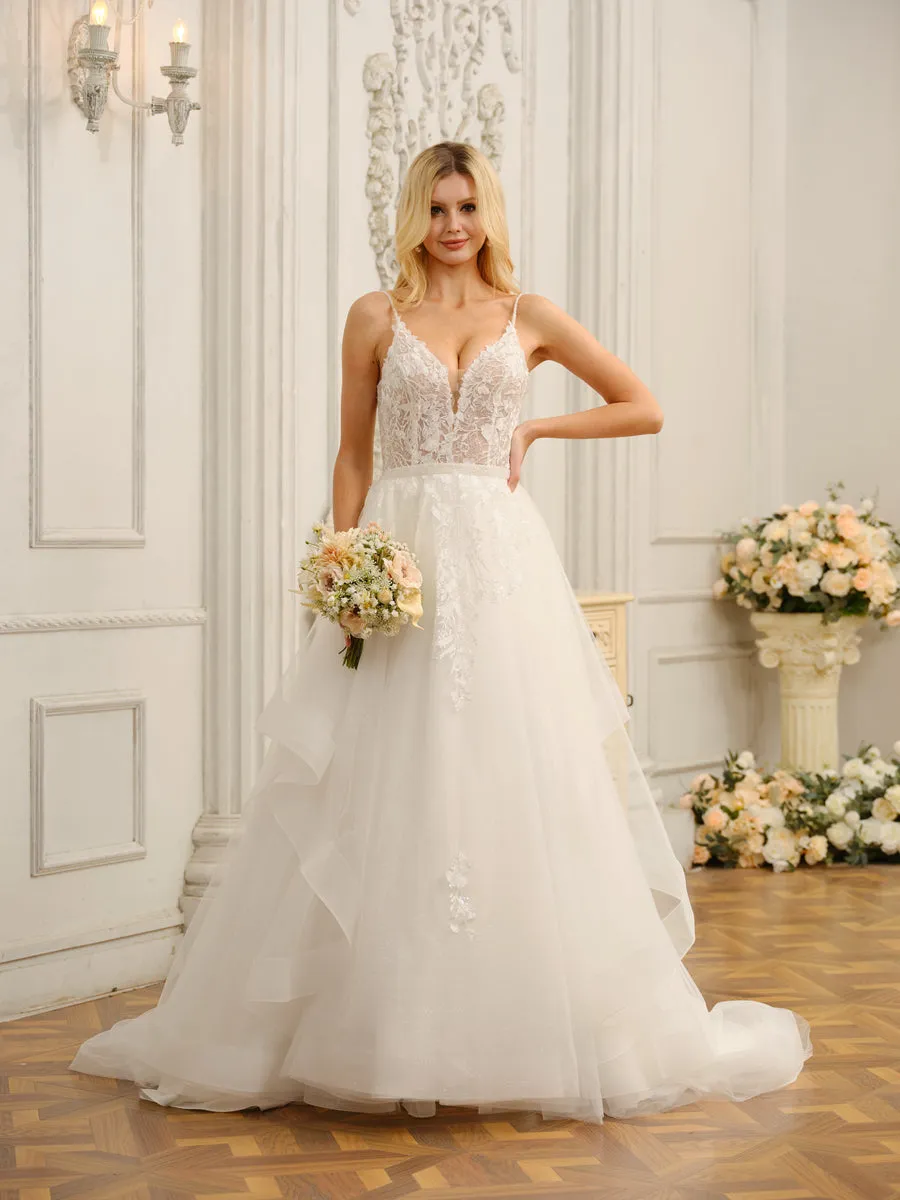 Spaghetti Straps V-Neck Sleeveless Long Wedding Dresses with Appliques & Beading sold by Lavetir product image thumbnail 3