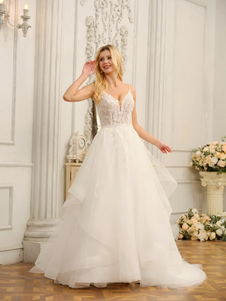 Spaghetti Straps V-Neck Sleeveless Long Wedding Dresses with Appliques & Beading sold by Lavetir product image thumbnail 4