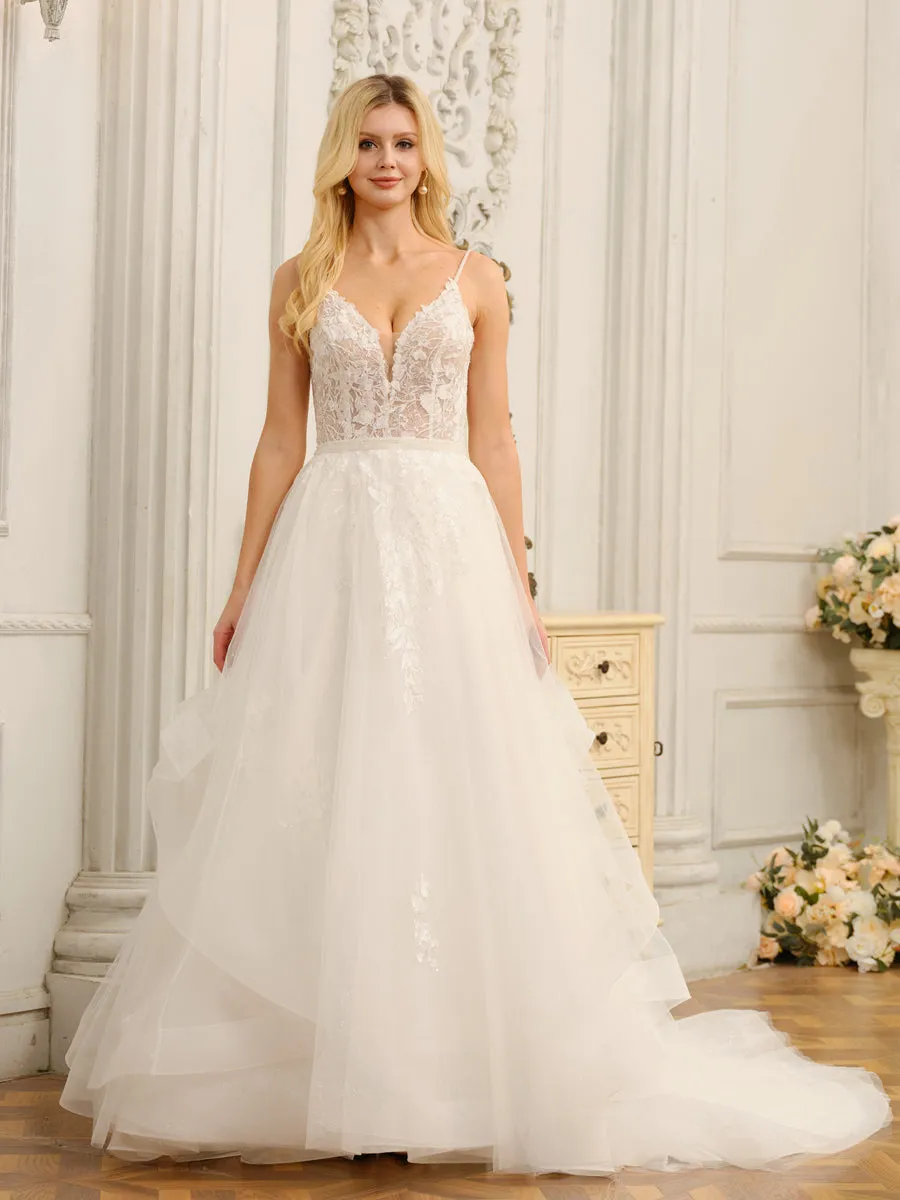 Spaghetti Straps V-Neck Sleeveless Long Wedding Dresses with Appliques & Beading sold by Lavetir