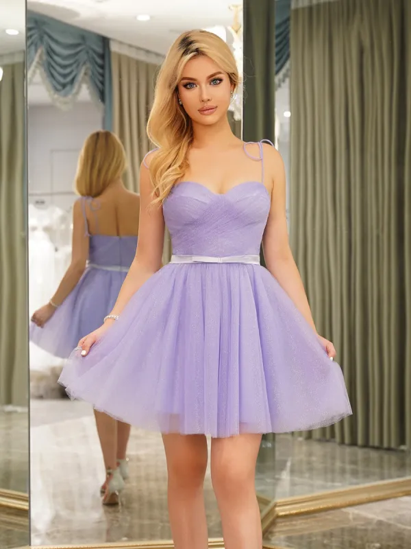 A-Line Spaghetti Straps Sleeveless Short Dresses with Belt sold by Lavetir