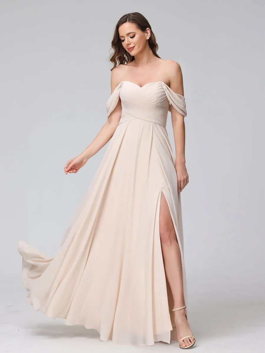 A-Line Off-the-Shoulder Sleeveless Ruched Long Chiffon Bridesmaid Dresses with Split Side sold by Lavetir product image thumbnail 5