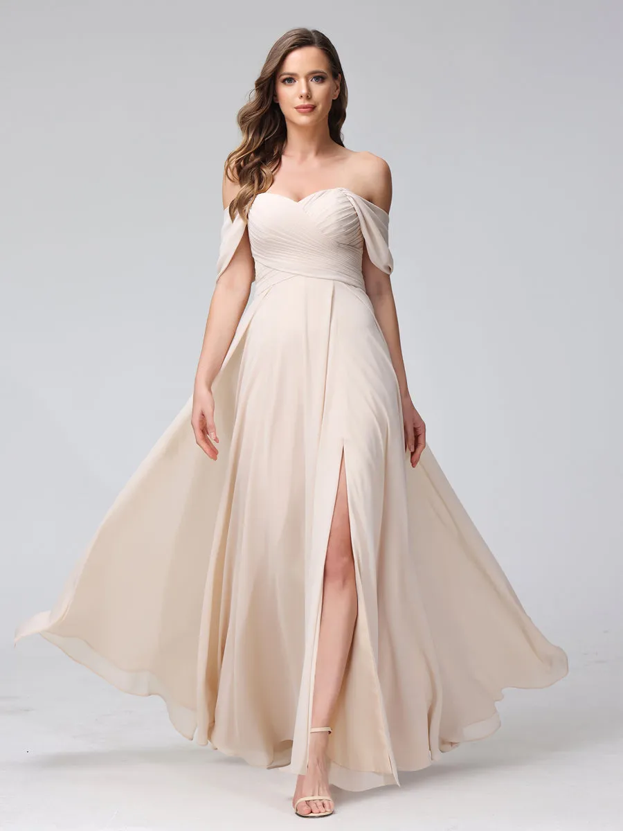 A-Line Off-the-Shoulder Sleeveless Ruched Long Chiffon Bridesmaid Dresses with Split Side sold by Lavetir product image thumbnail 3