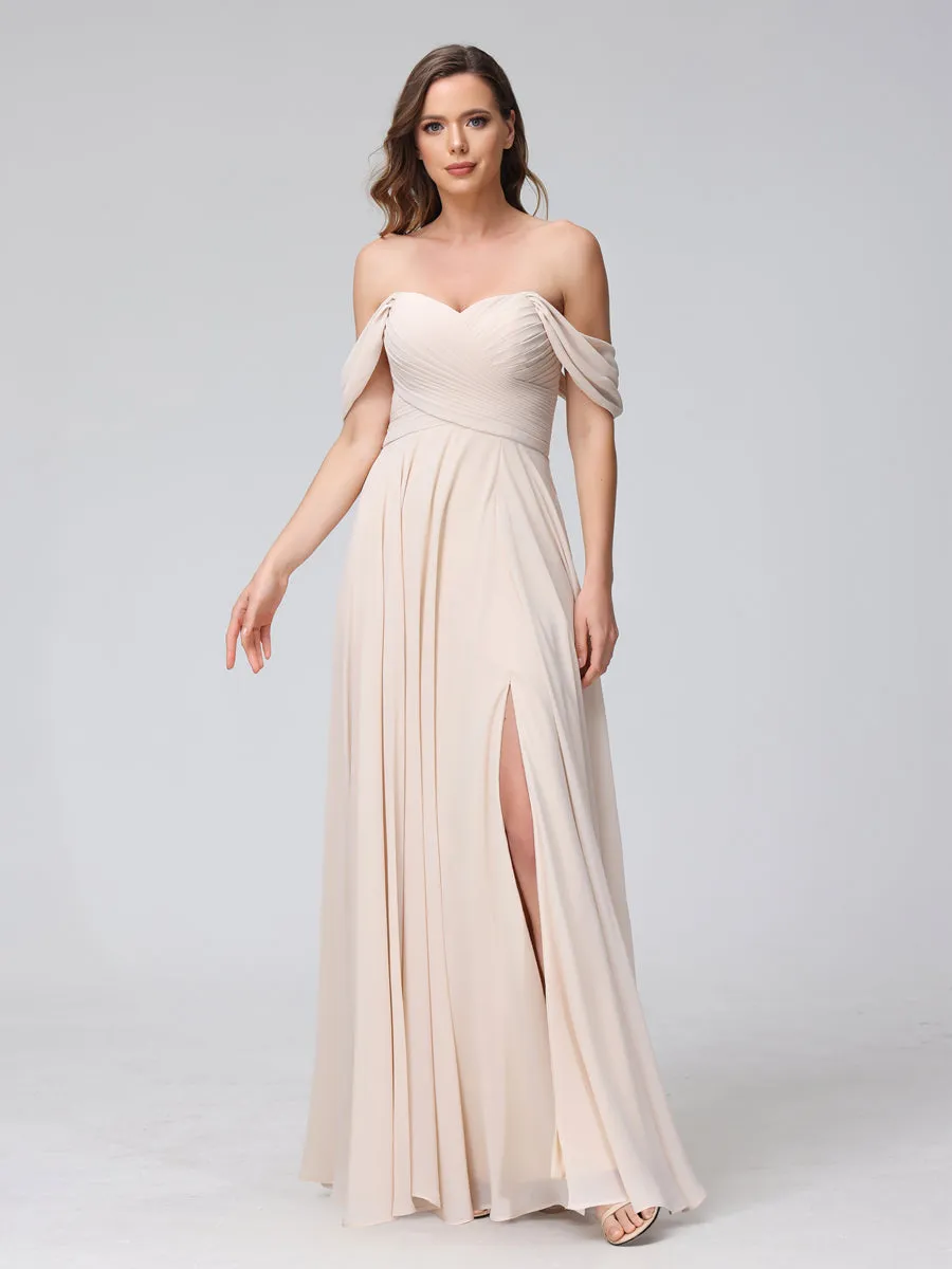 A-Line Off-the-Shoulder Sleeveless Ruched Long Chiffon Bridesmaid Dresses with Split Side sold by Lavetir product image thumbnail 4