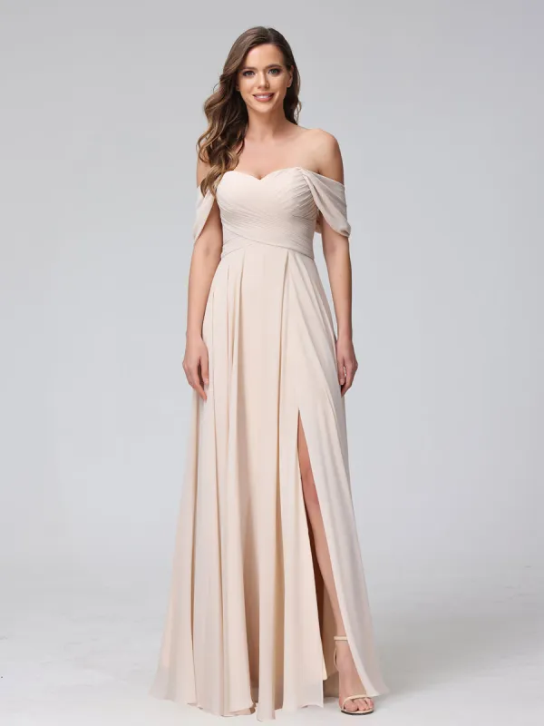 A-Line Off-the-Shoulder Sleeveless Ruched Long Chiffon Bridesmaid Dresses with Split Side sold by Lavetir