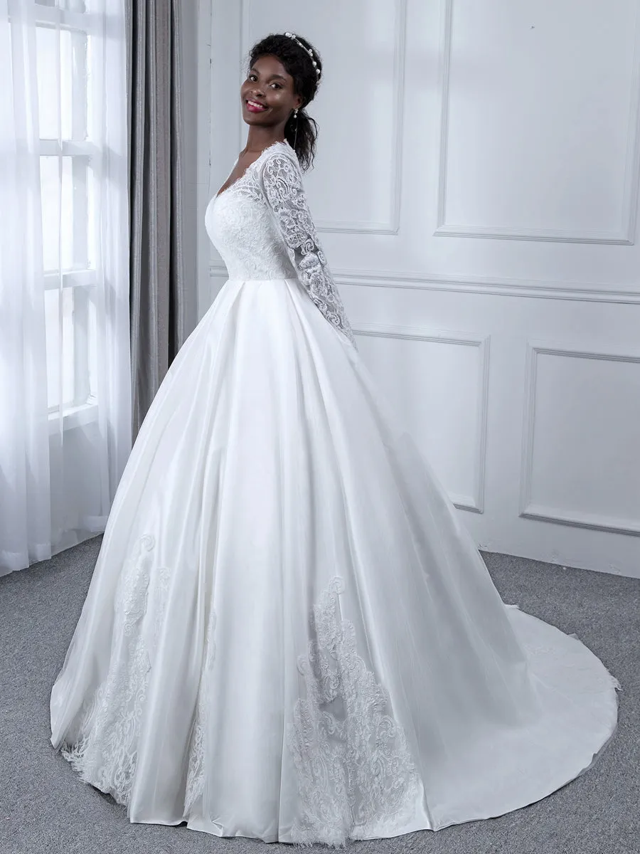 V-Neck Long Sleeves Lace Ball Gown Wedding Dresses with Appliques sold by Lavetir