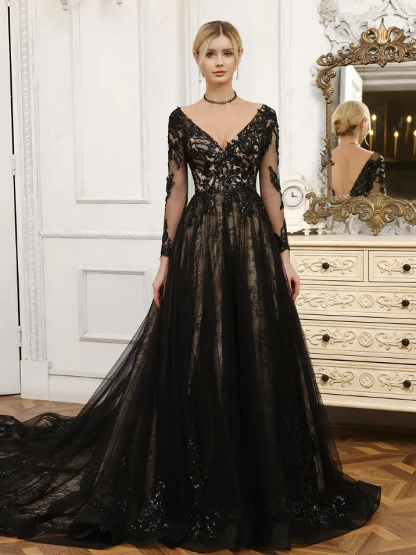 V-Neck Long Sleeves Tulle Wedding Dresses with Beading & Appliques sold by Lavetir