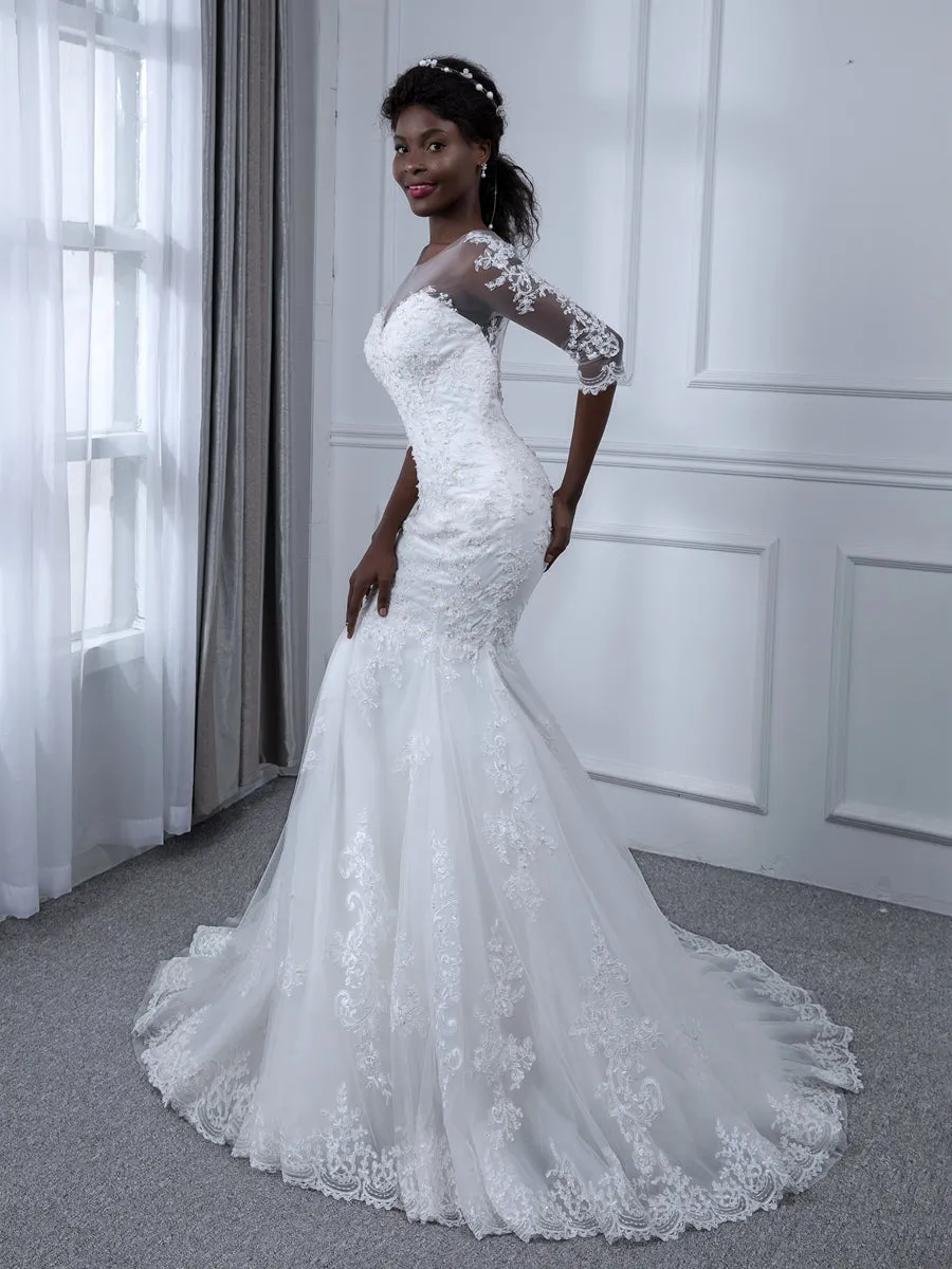Sheer Neck 3/4 Sleeves Tulle Mermaid Wedding Dresses with Beading Appliques sold by Lavetir product image thumbnail 3