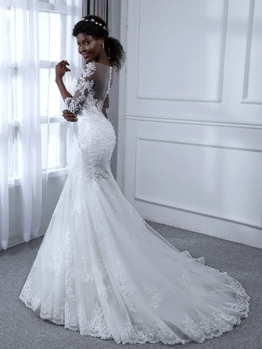 Sheer Neck 3/4 Sleeves Tulle Mermaid Wedding Dresses with Beading Appliques sold by Lavetir product image thumbnail 4