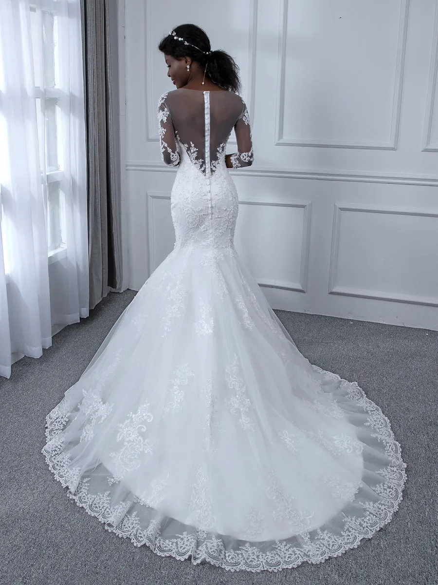Sheer Neck 3/4 Sleeves Tulle Mermaid Wedding Dresses with Beading Appliques sold by Lavetir product image thumbnail 5