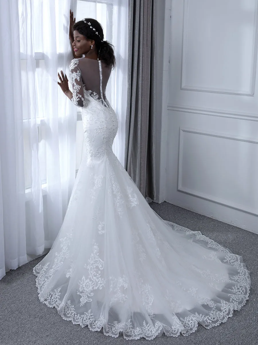 Sheer Neck 3/4 Sleeves Tulle Mermaid Wedding Dresses with Beading Appliques sold by Lavetir product image thumbnail 2