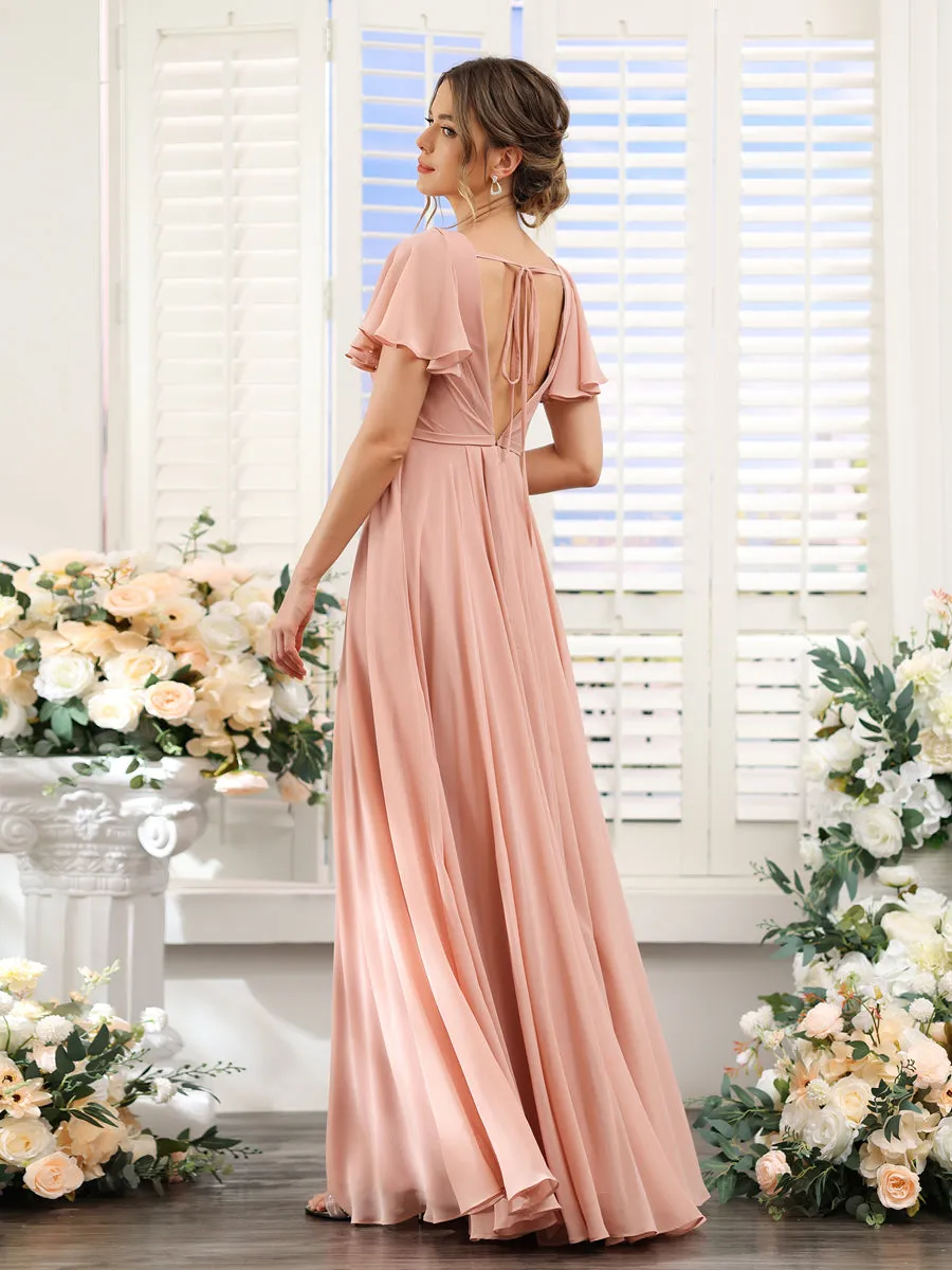 A-Line Deep V-Neck Short Sleeves Split Side Chiffon Bridesmaid Dresses sold by Lavetir product image thumbnail 2