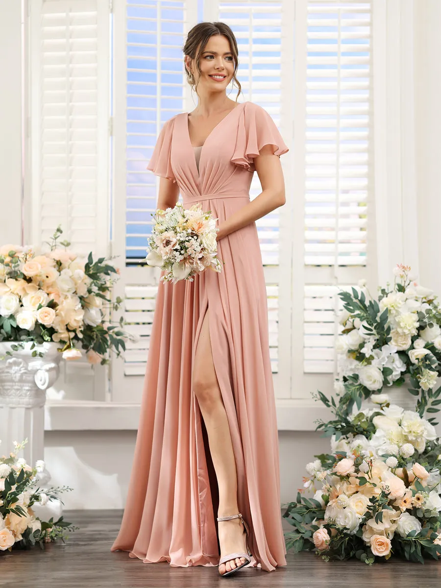 A-Line Deep V-Neck Short Sleeves Split Side Chiffon Bridesmaid Dresses sold by Lavetir product image thumbnail 3
