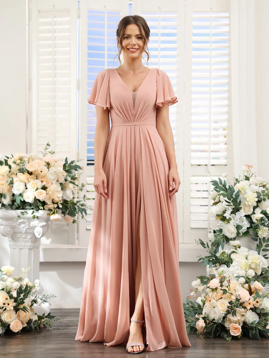 A-Line Deep V-Neck Short Sleeves Split Side Chiffon Bridesmaid Dresses sold by Lavetir