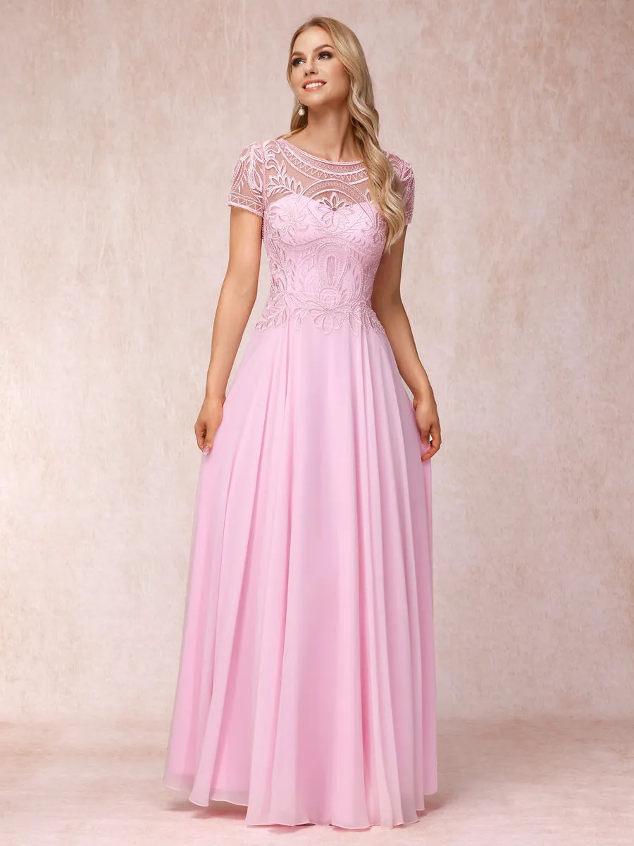 A-Line/Princess Sheer Neck Short Sleeves Long Formal Evening Dresses with Appliques sold by Lavetir