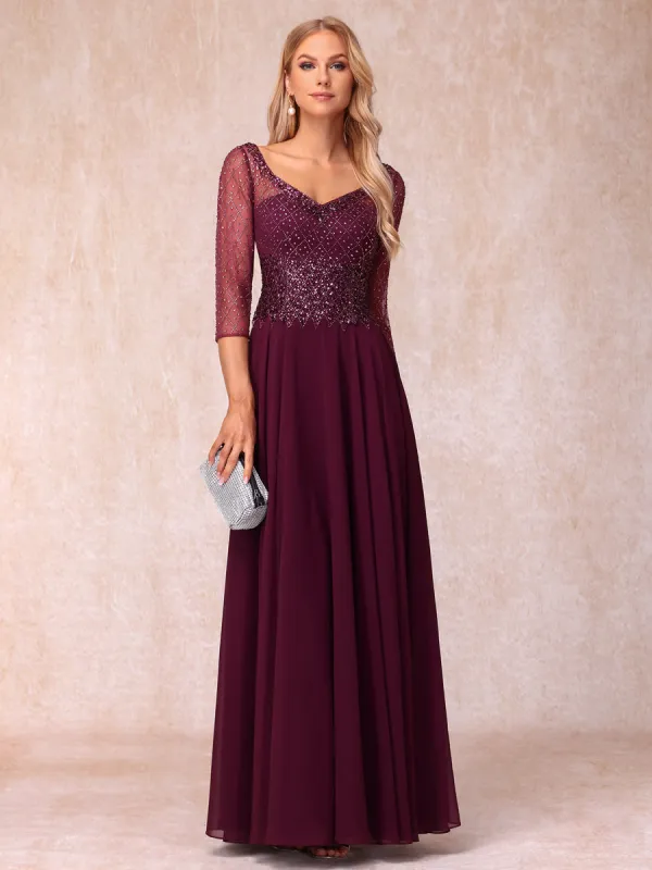 A-Line/Princess V-Neck 3/4 Sleeves Long Formal Evening Dresses with Beading sold by Lavetir