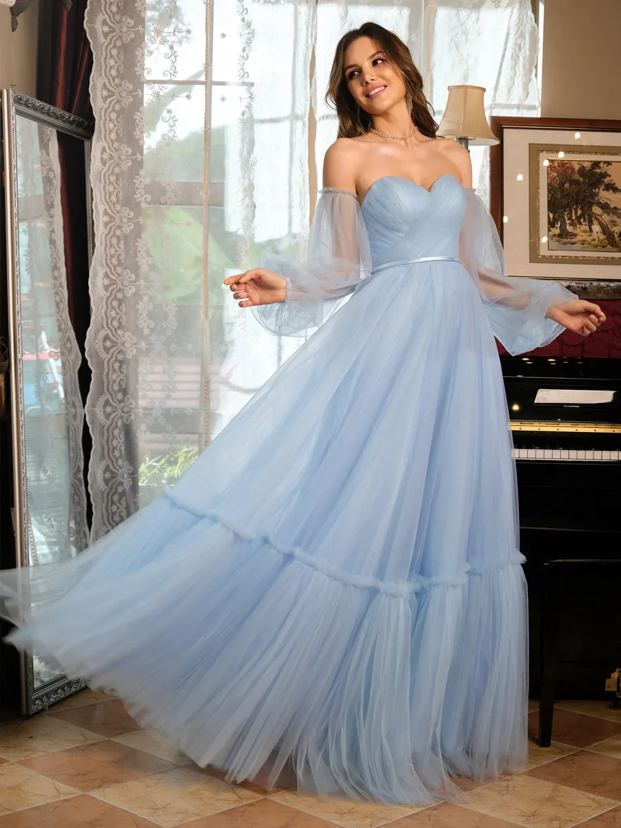 A-Line/Princess Tulle Sweetheart Long Prom Dresses with Belt sold by Lavetir product image thumbnail 4