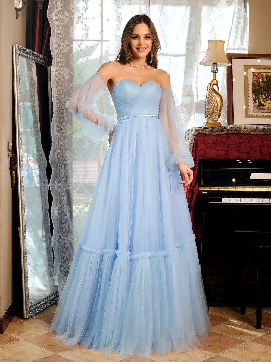 A-Line/Princess Tulle Sweetheart Long Prom Dresses with Belt sold by Lavetir