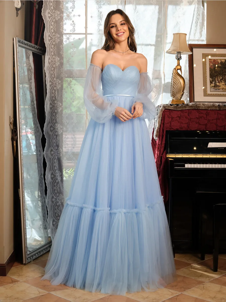 A-Line/Princess Tulle Sweetheart Long Prom Dresses with Belt sold by Lavetir product image thumbnail 3