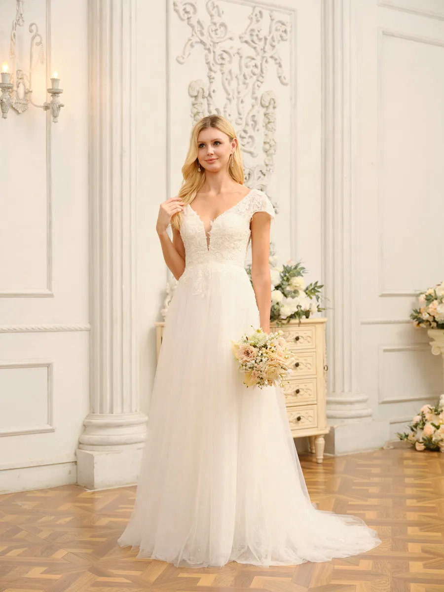 V-Neck Short Sleeves Long Wedding Dresses with Appliques & Beading sold by Lavetir product image thumbnail 3