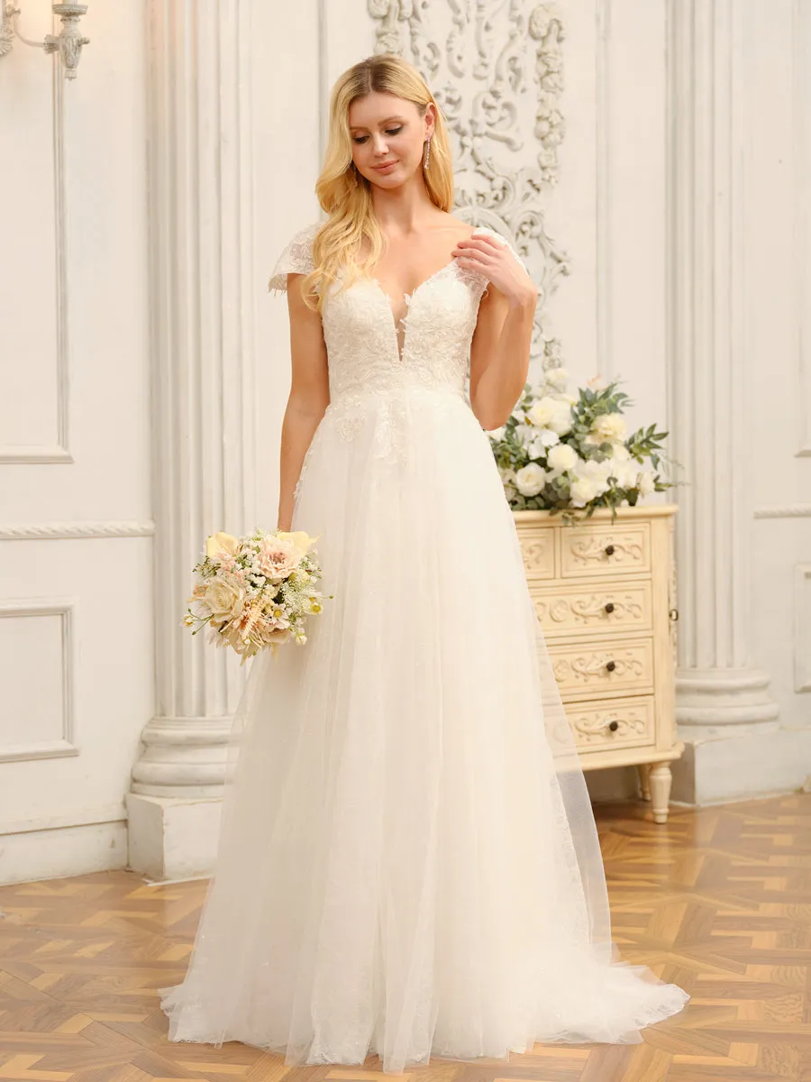 V-Neck Short Sleeves Long Wedding Dresses with Appliques & Beading sold by Lavetir