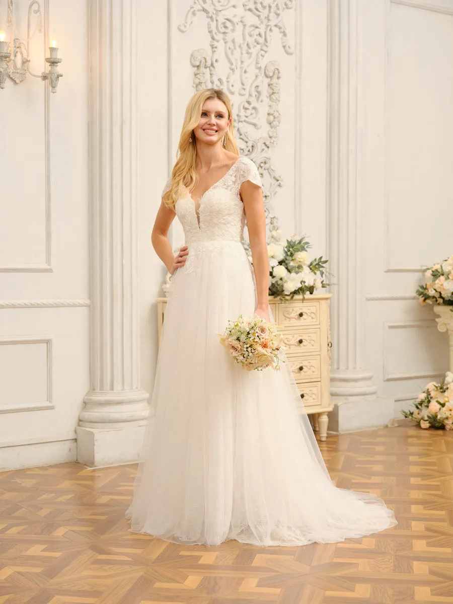 V-Neck Short Sleeves Long Wedding Dresses with Appliques & Beading sold by Lavetir product image thumbnail 5