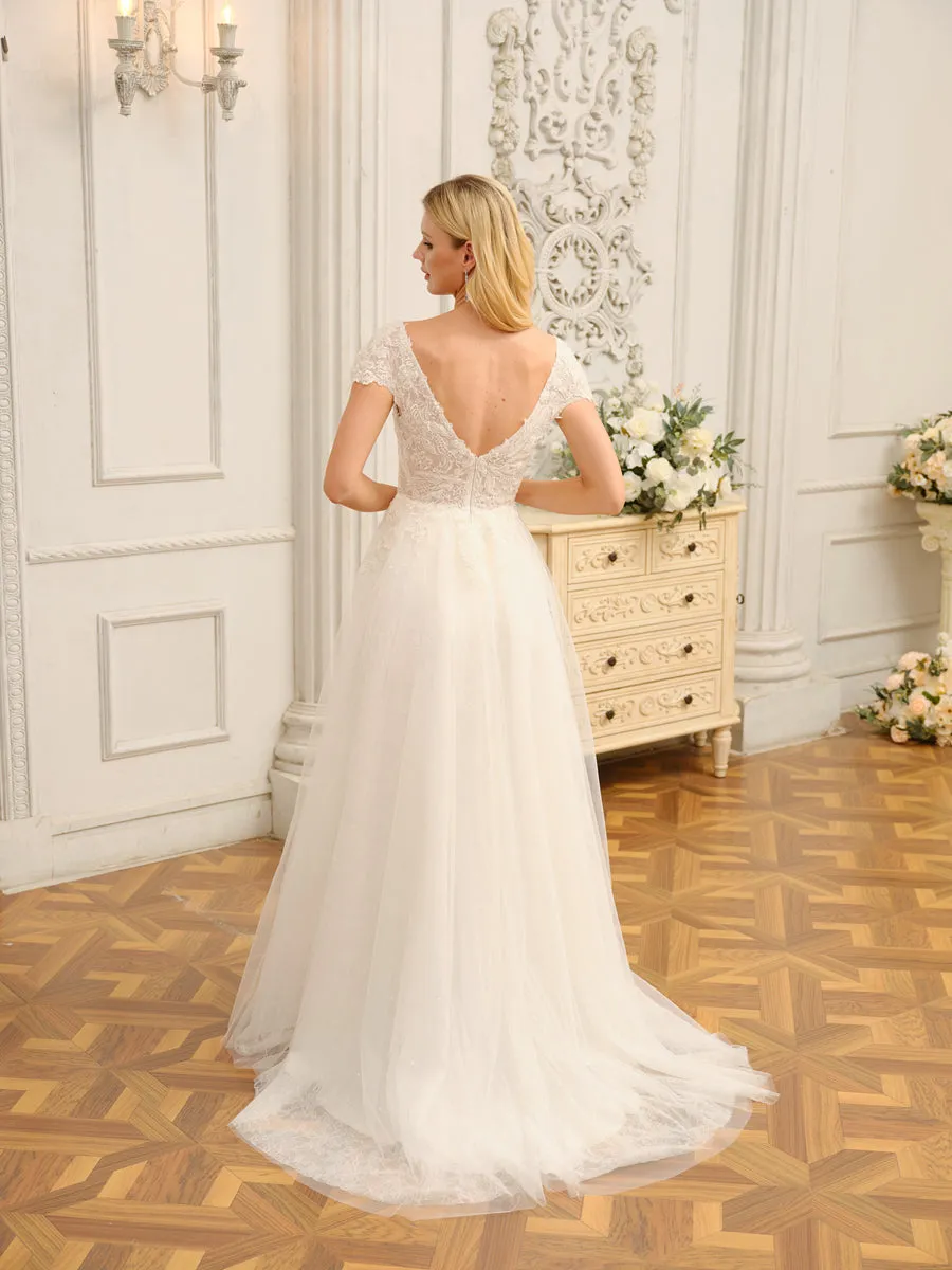 V-Neck Short Sleeves Long Wedding Dresses with Appliques & Beading sold by Lavetir product image thumbnail 2