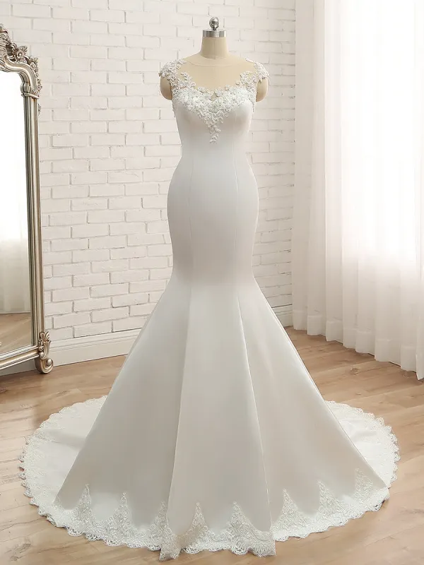 Trumpet/Mermaid Scoop Sleeveless Applique With Beading Lace Satin Court Train Wedding Dresses sold by Lavetir