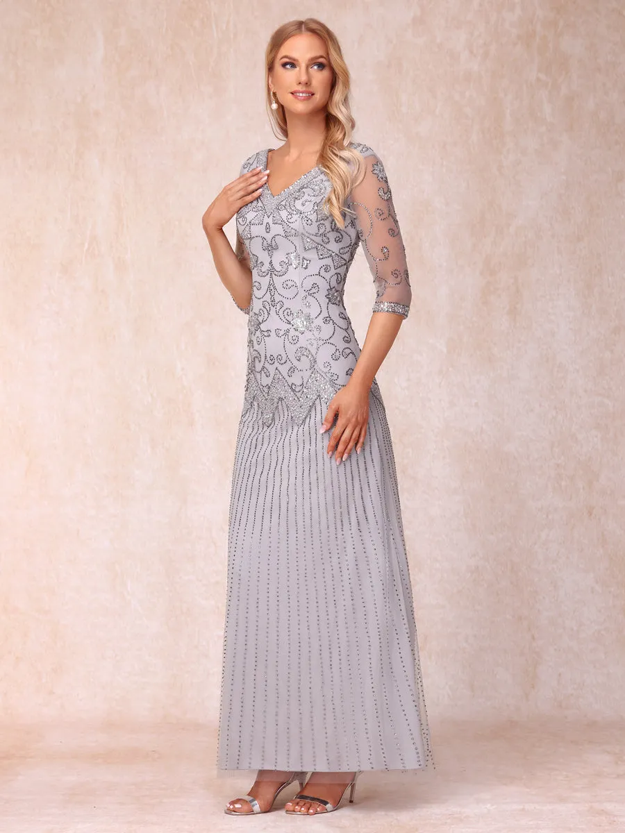 Sheath/Column V-Neck 3/4 Sleeves Long Formal Evening Dresses with Beading & Sequins sold by Lavetir product image thumbnail 5