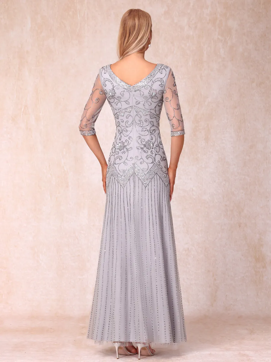 Sheath/Column V-Neck 3/4 Sleeves Long Formal Evening Dresses with Beading & Sequins sold by Lavetir product image thumbnail 2